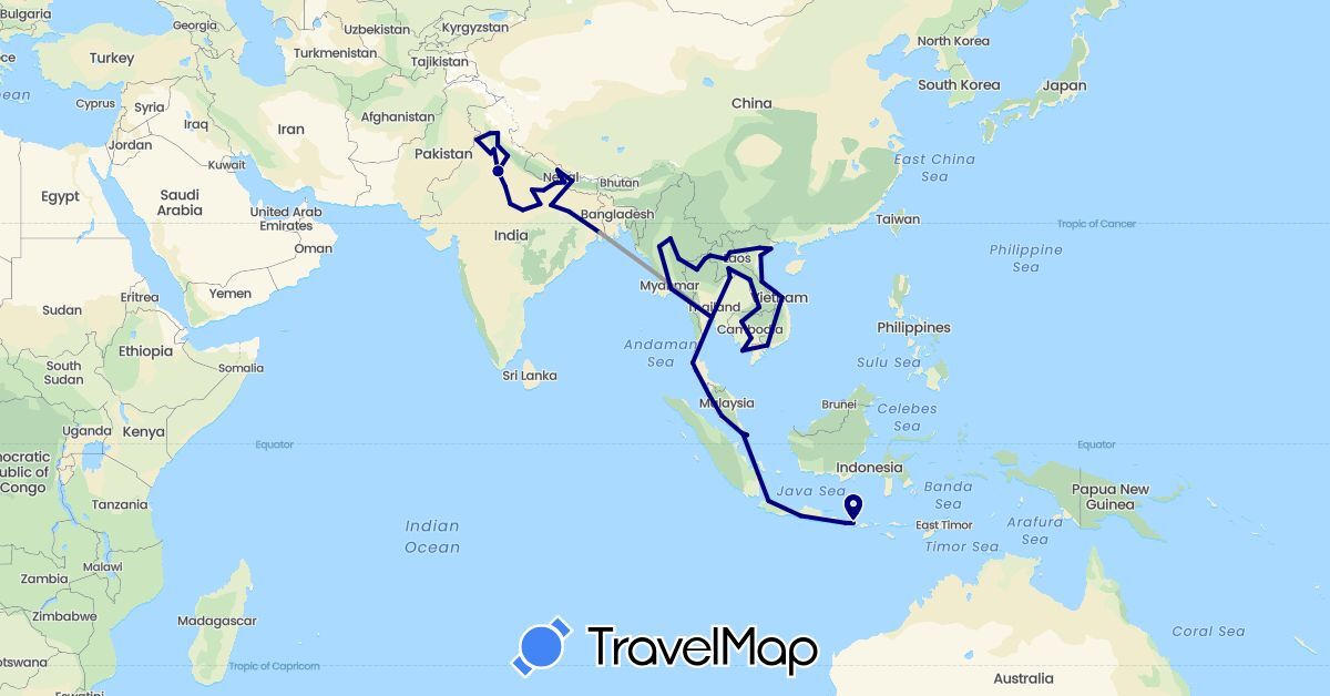TravelMap itinerary: driving, plane in Indonesia, India, Cambodia, Laos, Myanmar (Burma), Malaysia, Nepal, Singapore, Thailand, Vietnam (Asia)